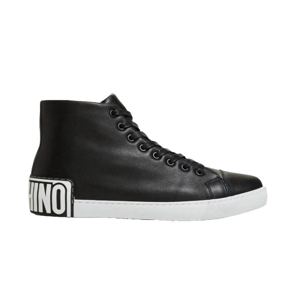 Moschino Men Black Maxi Logo Leather Lace up High-Top Sneakers Shoes Sz US 7/40